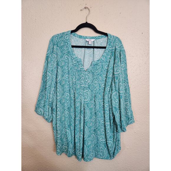 Croft & Barrow Women's Green Rayon Paisley Printed Puff Sleeve Blouse Size 2X - Picture 1 of 6